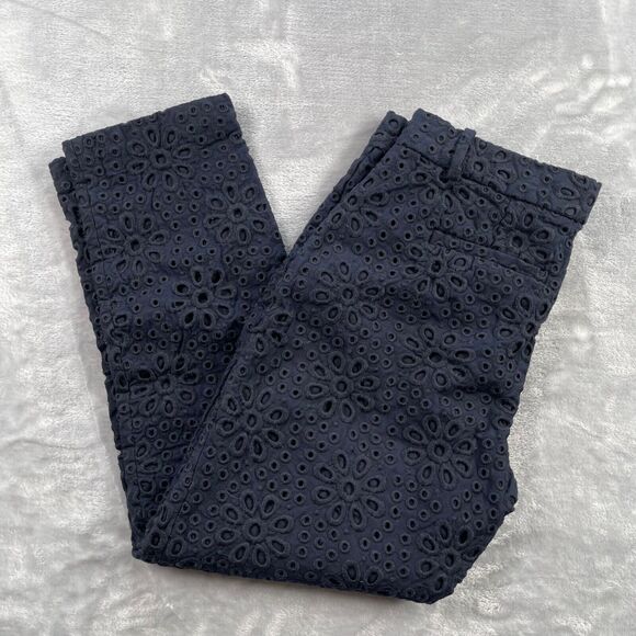 J Crew Pants 0 Navy Blue Pinwheel Eyelet Embroidery Cafe Capri 65899 - Picture 3 of 16